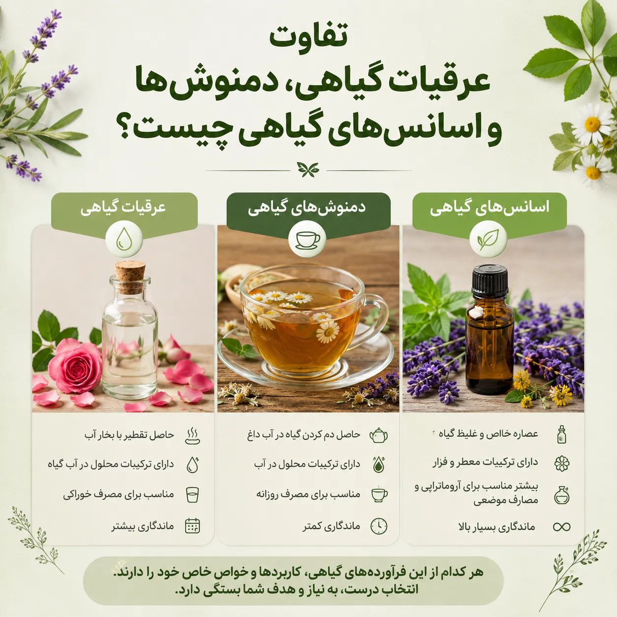 تفاوت عرقیات گیاهی، دمنوش ها و اسانس های گیاهی چیست؟